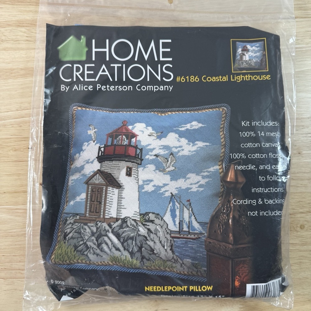 Vintage Home Creations Lighthouse Needlepoint Pillow Kit 15x15 Nautical Sailboat